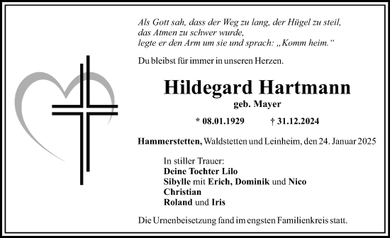 Traueranzeige von Hildegard Hartmann von Günzburger Zeitung