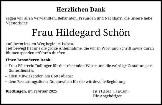 Traueranzeige von Hildegard Schön von Donauwörther Zeitung