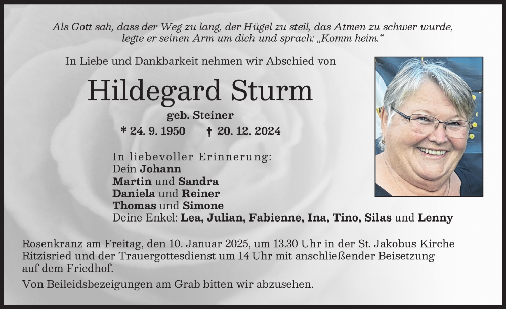  Traueranzeige für Hildegard Sturm vom 07.01.2025 aus Illertisser Zeitung