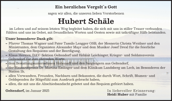 Traueranzeige von Hubert Schäle von Landsberger Tagblatt