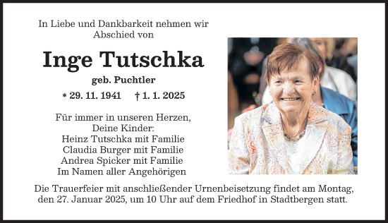 Traueranzeige von Inge Tutschka von Augsburger Allgemeine