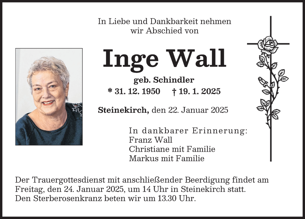 Traueranzeige für Inge Wall vom 22.01.2025 aus Augsburger Allgemeine