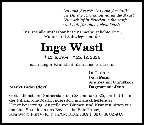 Traueranzeige von Inge Wastl von Aichacher Nachrichten