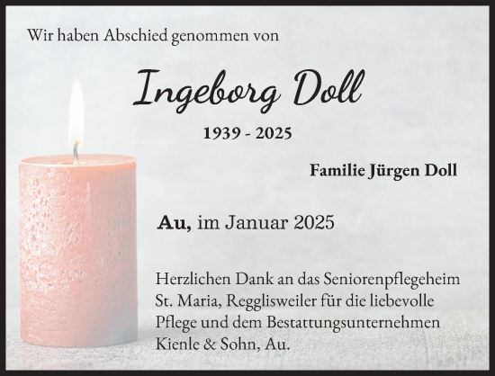 Traueranzeige von Ingeborg Doll von Illertisser Zeitung