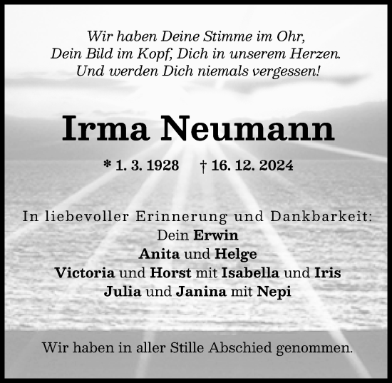 Traueranzeige von Irma Neumann von Neu-Ulmer Zeitung