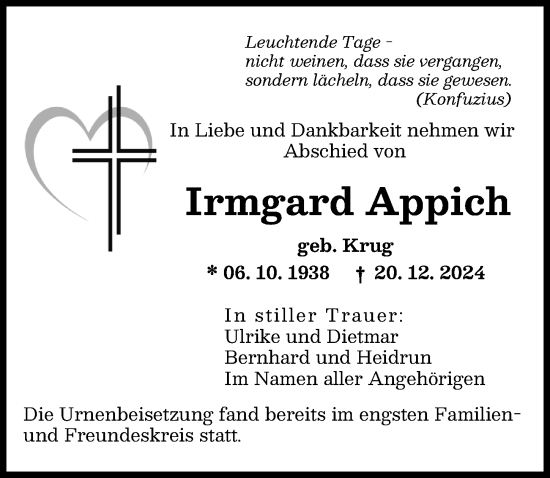 Traueranzeige von Irmgard Appich von Augsburger Allgemeine