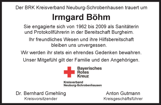 Traueranzeige von Irmgard Böhm von Neuburger Rundschau