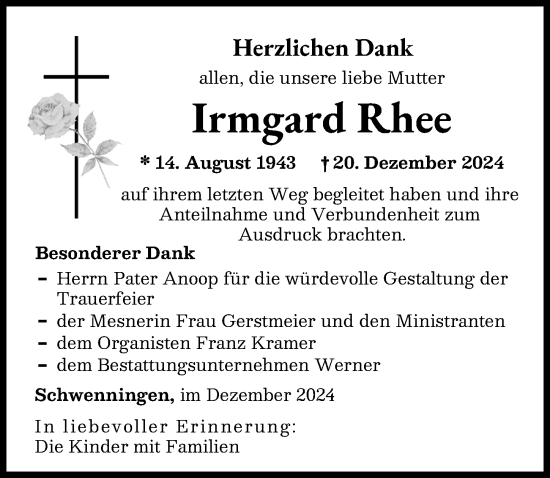 Traueranzeige von Irmgard Rhee von Donau Zeitung