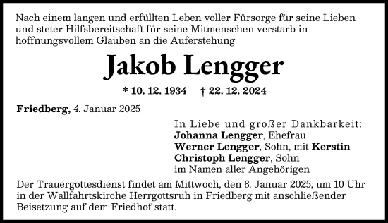 Traueranzeige von Jakob Lengger von Friedberger Allgemeine, Augsburger Allgemeine
