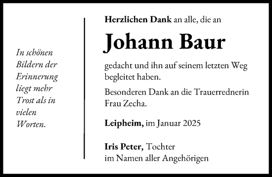 Traueranzeige von Johann Baur von Günzburger Zeitung