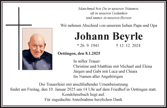 Traueranzeige von Johann Beyrle von Rieser Nachrichten