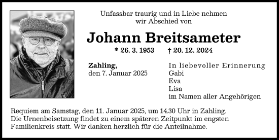 Traueranzeige von Johann Breitsameter von Augsburger Allgemeine