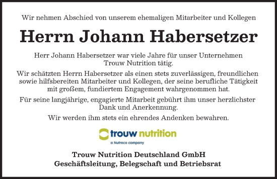Traueranzeige von Johann Habersetzer von Neuburger Rundschau
