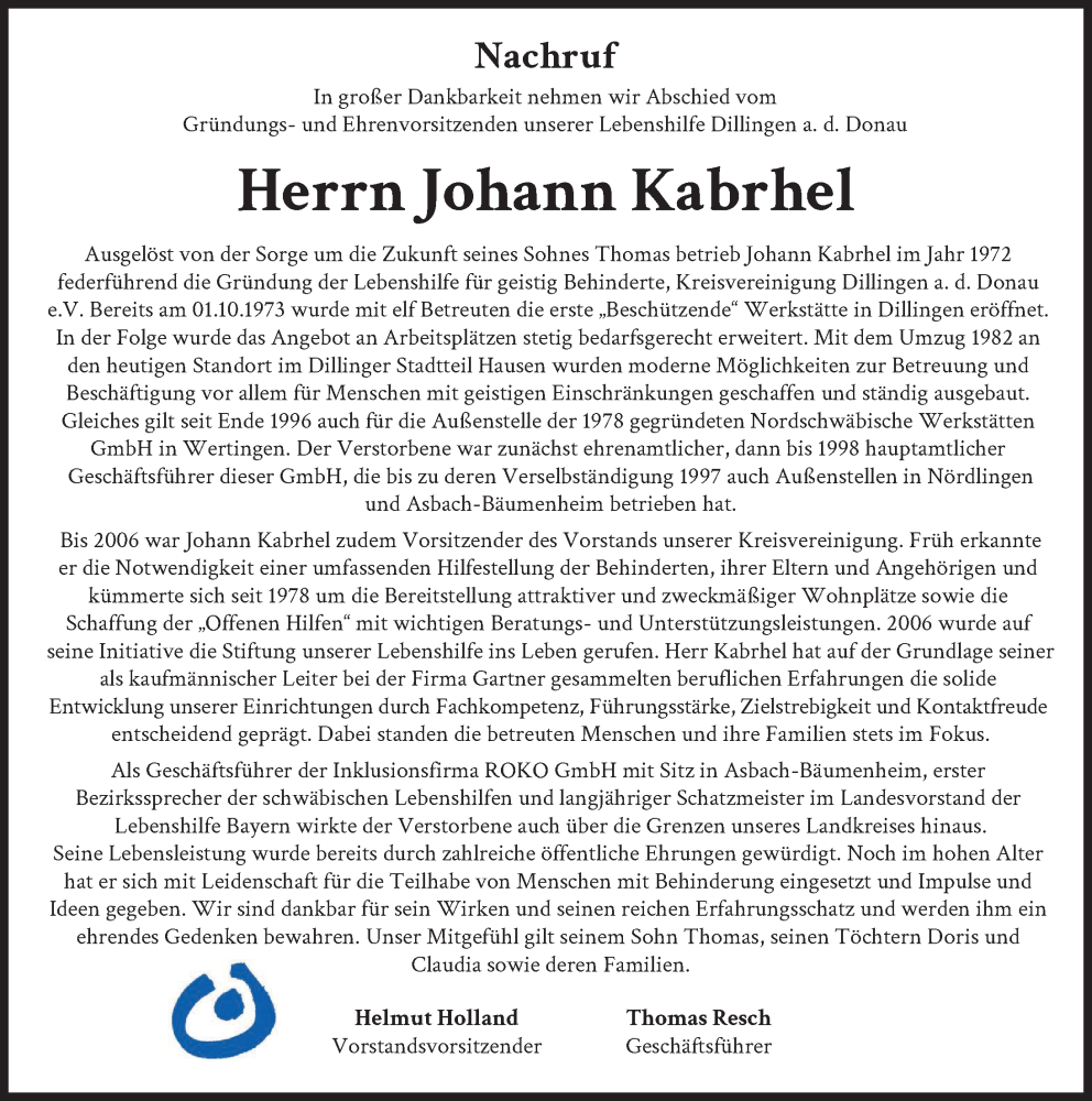  Traueranzeige für Johann Kabrhel vom 02.01.2025 aus Wertinger Zeitung, Donau Zeitung