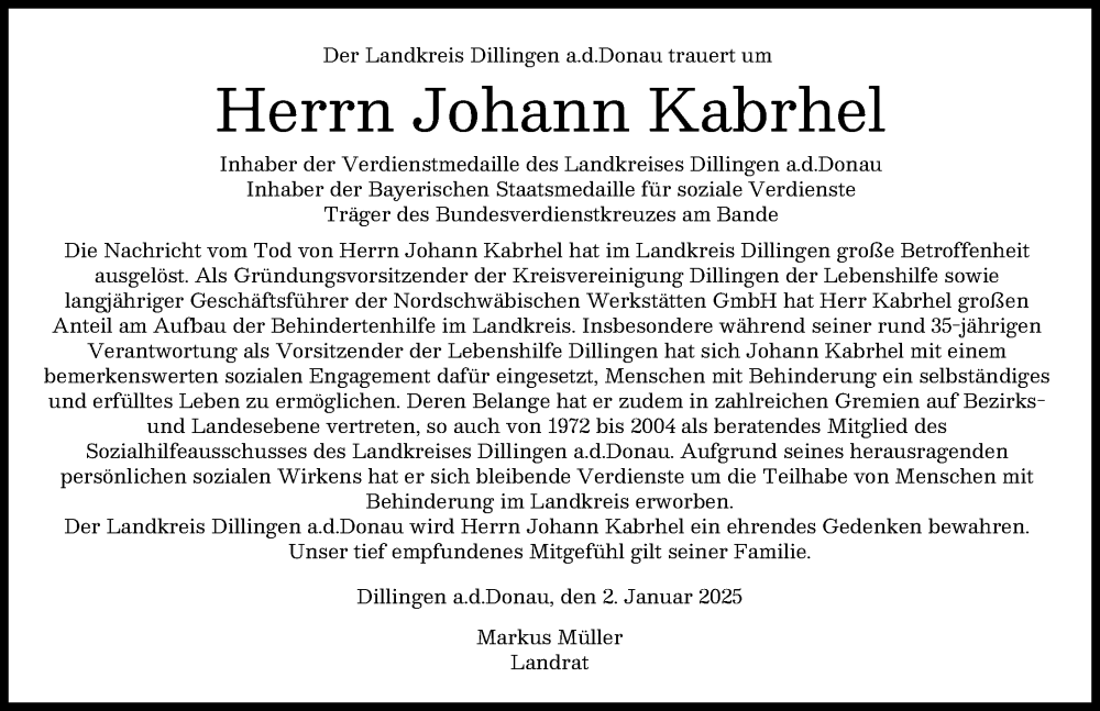  Traueranzeige für Johann Kabrhel vom 02.01.2025 aus Wertinger Zeitung, Donau Zeitung