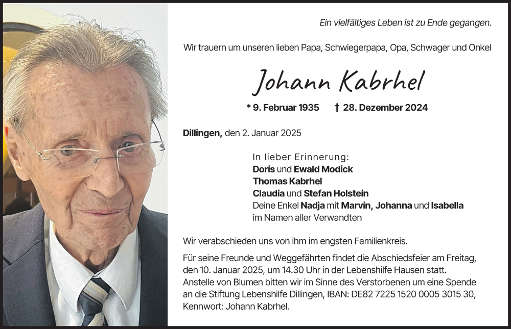  Traueranzeige für Johann Kabrhel vom 02.01.2025 aus Donau Zeitung