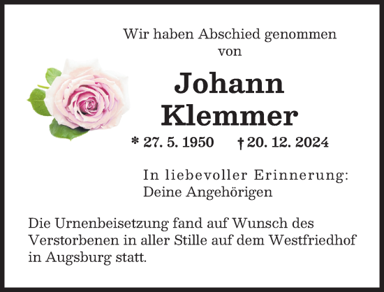 Traueranzeige von Johann Klemmer von Augsburger Allgemeine