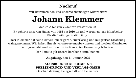 Traueranzeige von Johann Klemmer von Augsburger Allgemeine