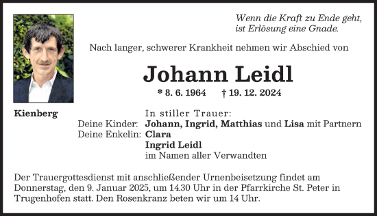 Traueranzeige von Johann Leidl von Neuburger Rundschau