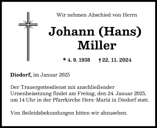 Traueranzeige von Johann Miller von Augsburg-Land