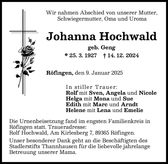 Traueranzeige von Johanna Hochwald von Günzburger Zeitung