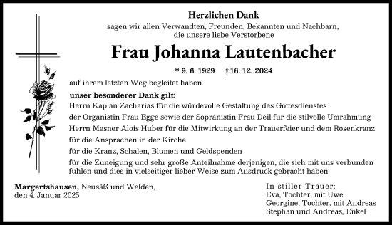 Traueranzeige von Johanna Lautenbacher von Augsburger Allgemeine