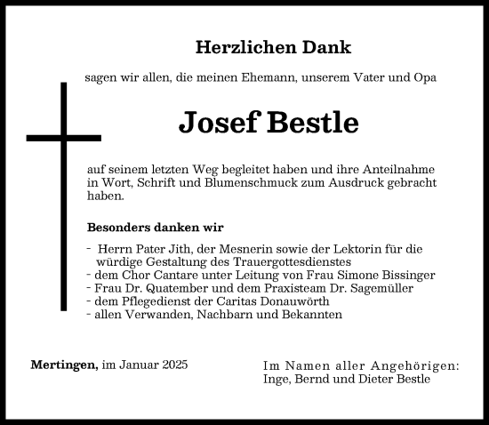 Traueranzeige von Josef Bestle von Donauwörther Zeitung