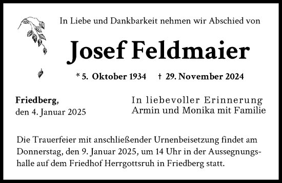 Traueranzeige von Josef Feldmaier von Augsburger Allgemeine