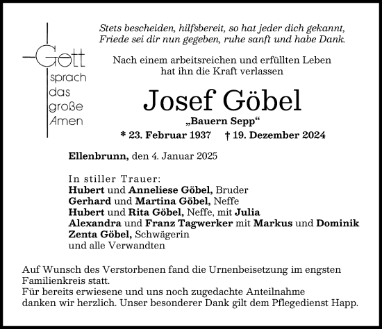Traueranzeige von Josef Göbel von Neuburger Rundschau