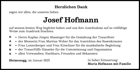 Traueranzeige von Josef Hofmann von Mindelheimer Zeitung