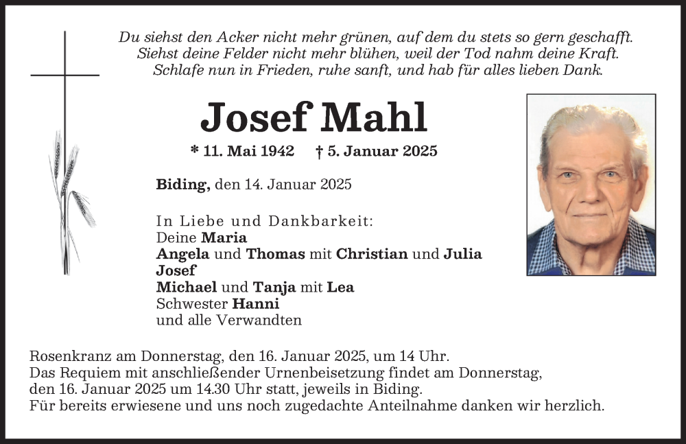  Traueranzeige für Josef Mahl vom 14.01.2025 aus Neuburger Rundschau