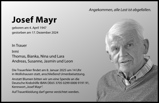 Traueranzeige von Josef Mayr von Augsburger Allgemeine