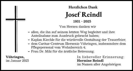 Traueranzeige von Josef Reindl von Illertisser Zeitung