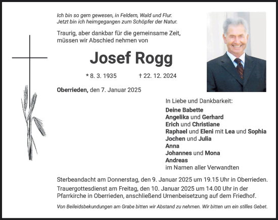 Traueranzeige von Josef Rogg von Mindelheimer Zeitung