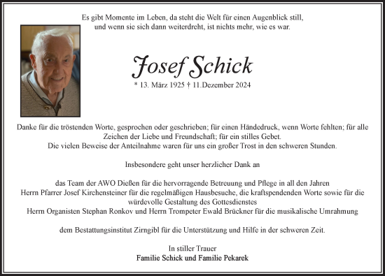 Traueranzeige von Josef Schick von Ammersee Kurier