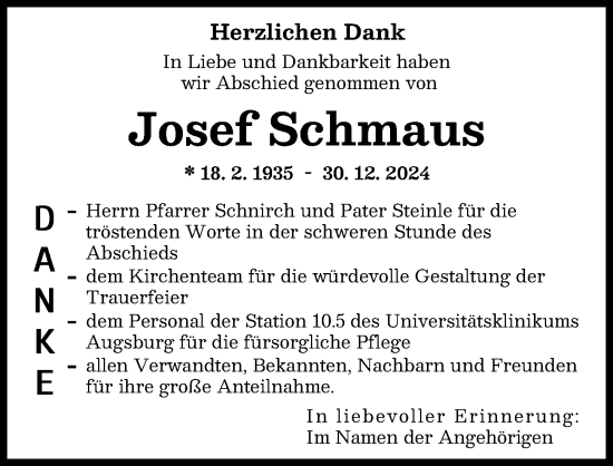 Traueranzeige von Josef Schmaus von Augsburger Allgemeine