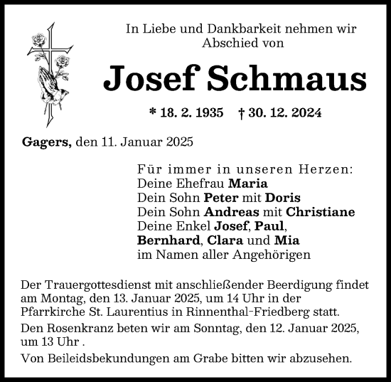 Traueranzeige von Josef Schmaus von Augsburger Allgemeine