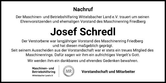 Traueranzeige von Josef Schredl von Friedberger Allgemeine
