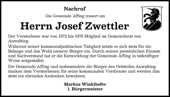 Traueranzeige von Josef Zwettler von Friedberger Allgemeine, Aichacher Nachrichten