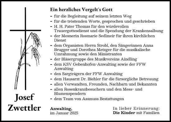Traueranzeige von Josef Zwettler von Aichacher Nachrichten