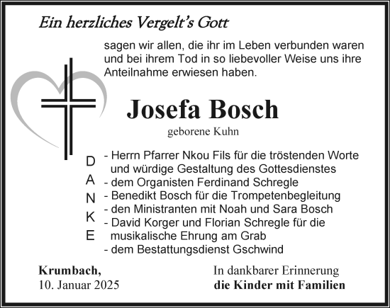 Traueranzeige von Josefa Bosch von Mittelschwäbische Nachrichten