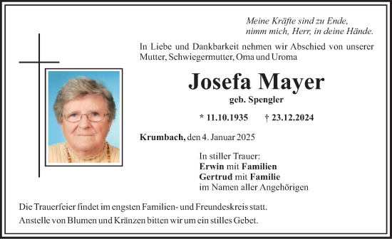 Traueranzeige von Josefa Mayer von Mittelschwäbische Nachrichten