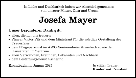 Traueranzeige von Josefa Mayer von Mittelschwäbische Nachrichten