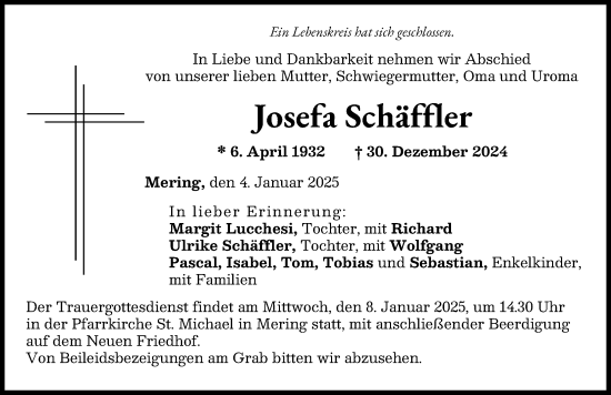 Traueranzeige von Josefa Schäffler von Friedberger Allgemeine