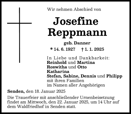 Traueranzeige von Josefine Reppmann von Augsburger Allgemeine, Neu-Ulmer Zeitung