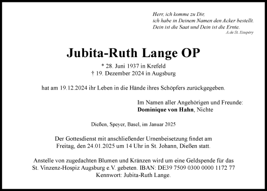 Traueranzeige von Jubita-Ruth Lange von Landsberger Tagblatt
