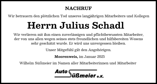 Traueranzeige von Julius Schadl von Landsberger Tagblatt