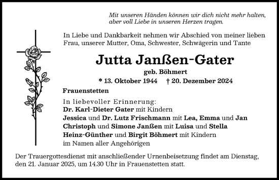 Traueranzeige von Jutta Janßen-Gater von Wertinger Zeitung, Augsburg-Land