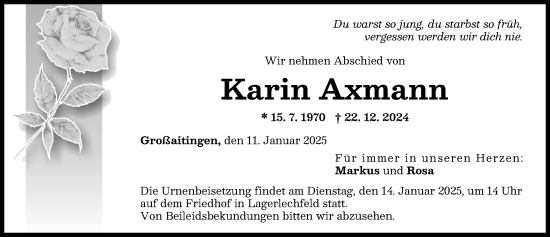 Traueranzeige von Karin Axmann von Schwabmünchner Allgemeine
