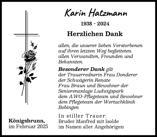 Traueranzeige von Karin Hatzmann von Schwabmünchner Allgemeine